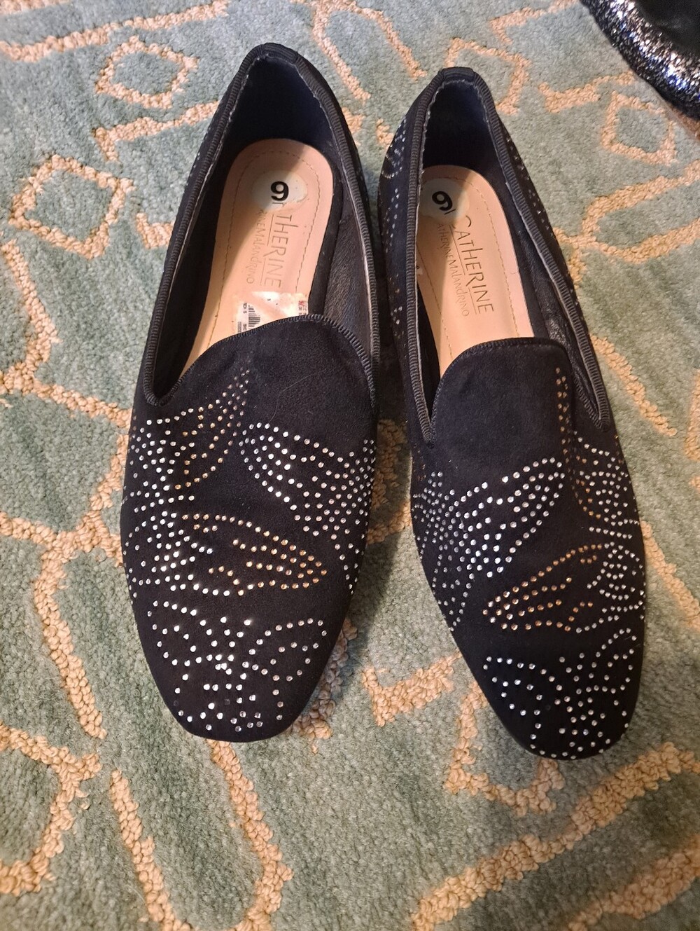 Catherine Malandrino Black Suede Loafers with Rhinestone Accents